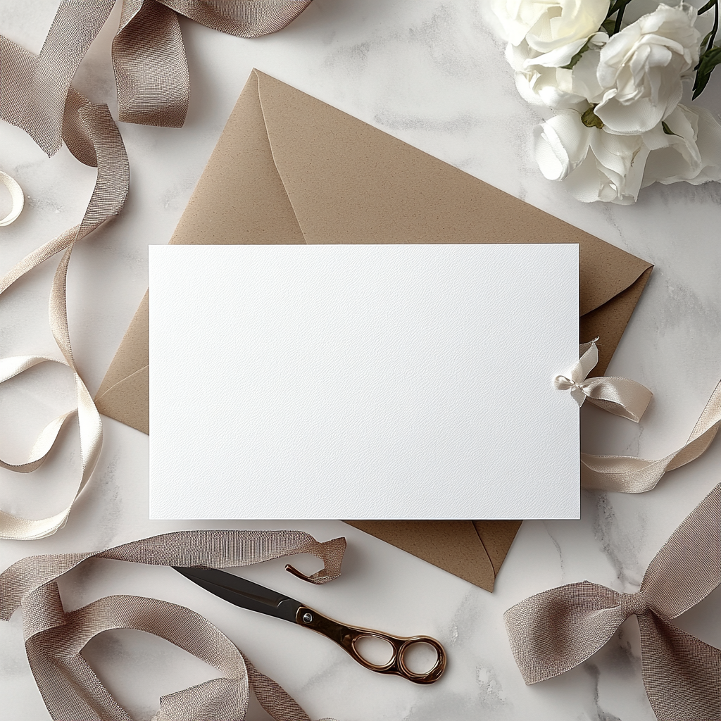 A white card with ribbon and office items.