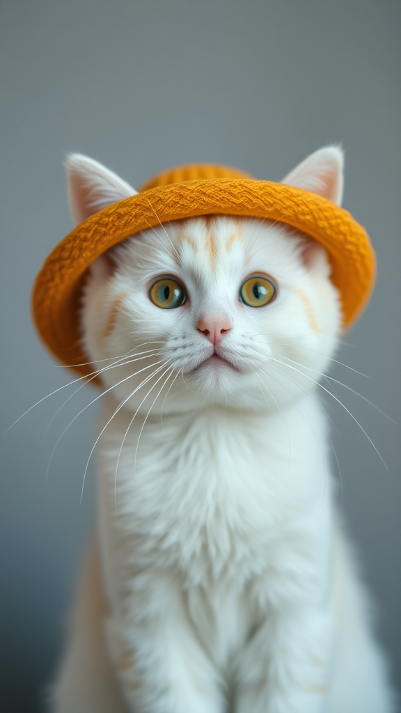 A white cat wearing a cute hat.