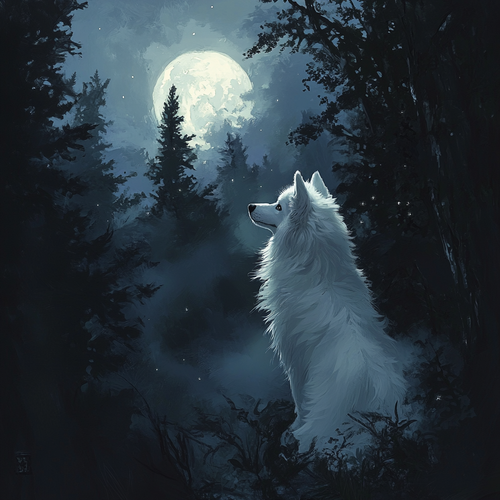 A white dog named Nova watches dark forest.