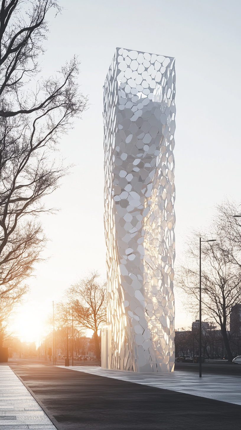 A white metal tower in a city at dawn