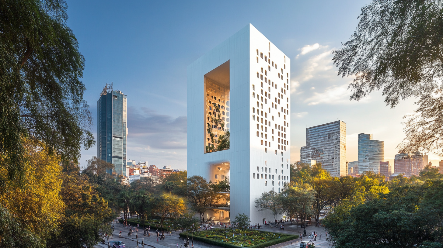 A white tower in Mexico City at dawn