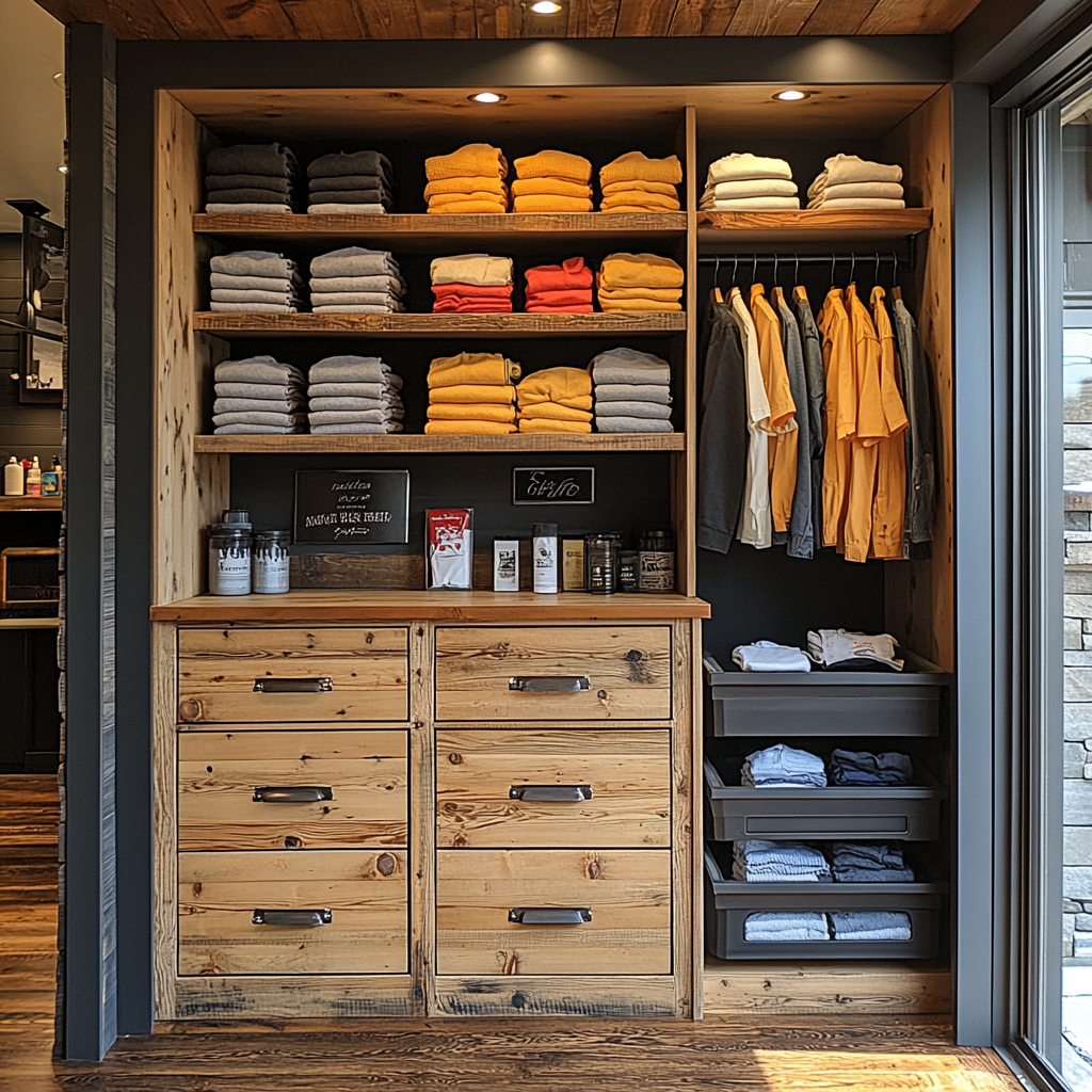 A wide, tall closet with drawers and shelves.