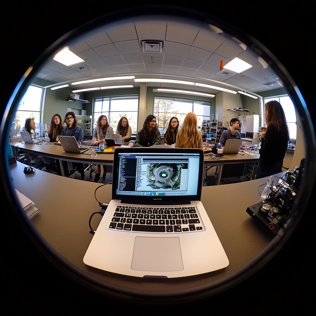 A wide lens photo of students in lab with laptop.