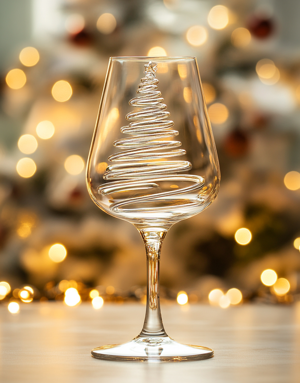 A wine glass with Christmas tree stem, festive background