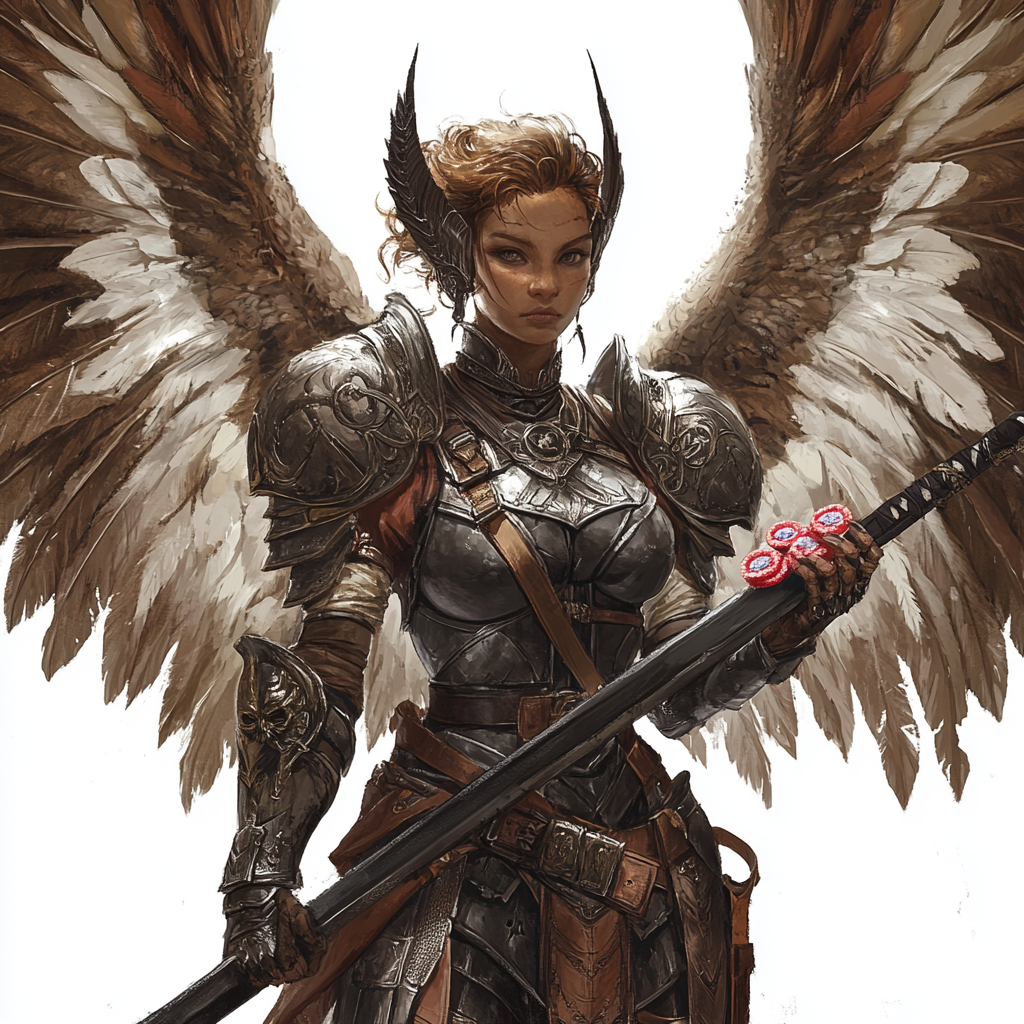 A winged warrior with sword wearing armor holding candy.