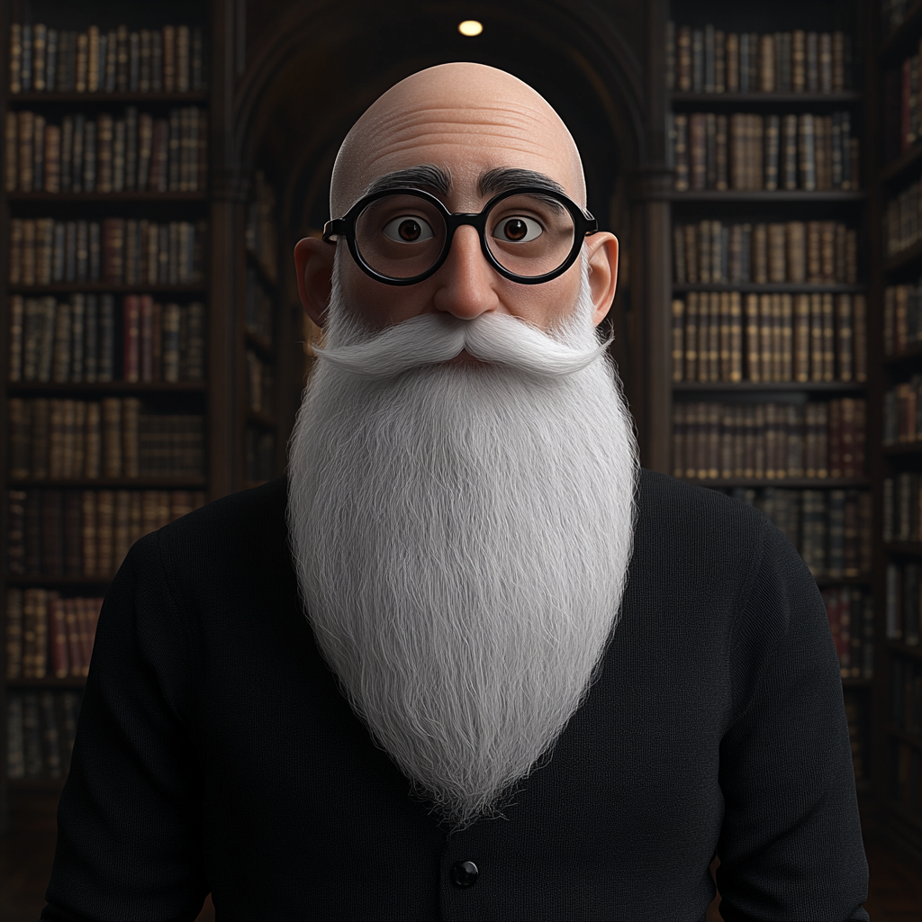 A wise man in a library portrait.