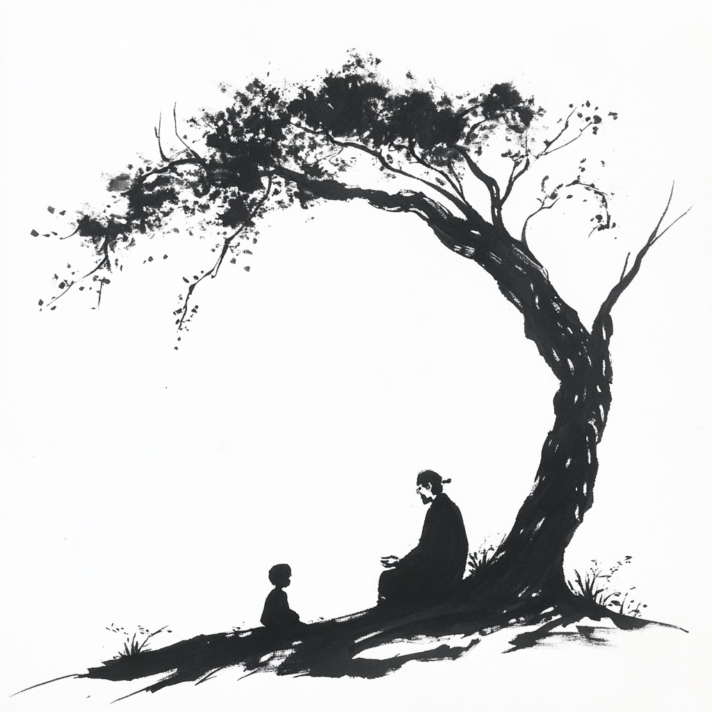 A wise sage and child under old tree