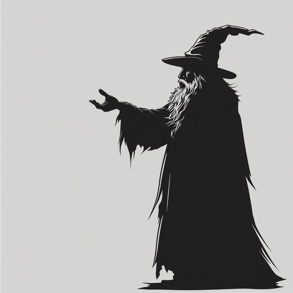 A silhouette of a wise wizard