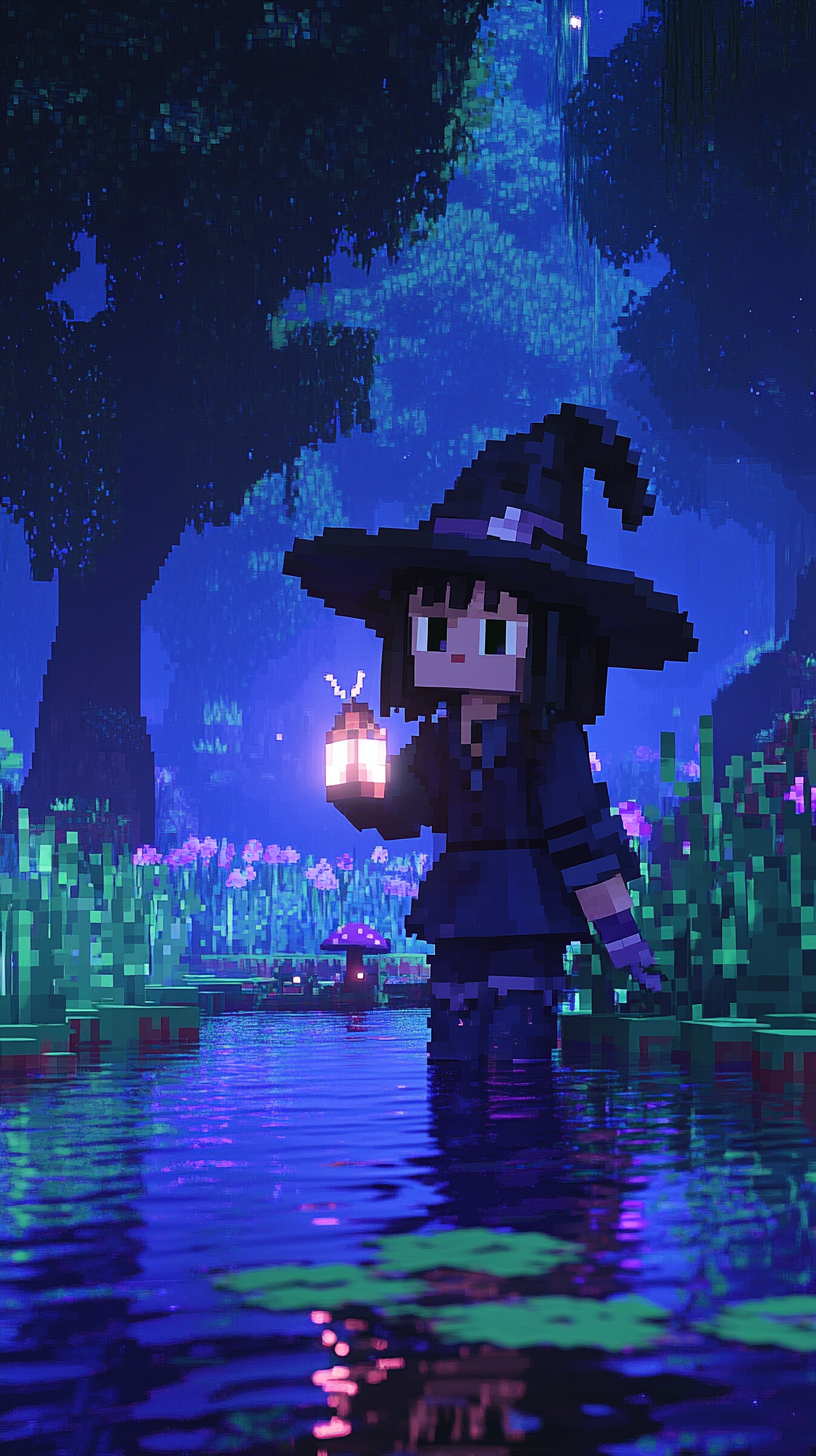 A witch Alex in Minecraft swamp with potion.