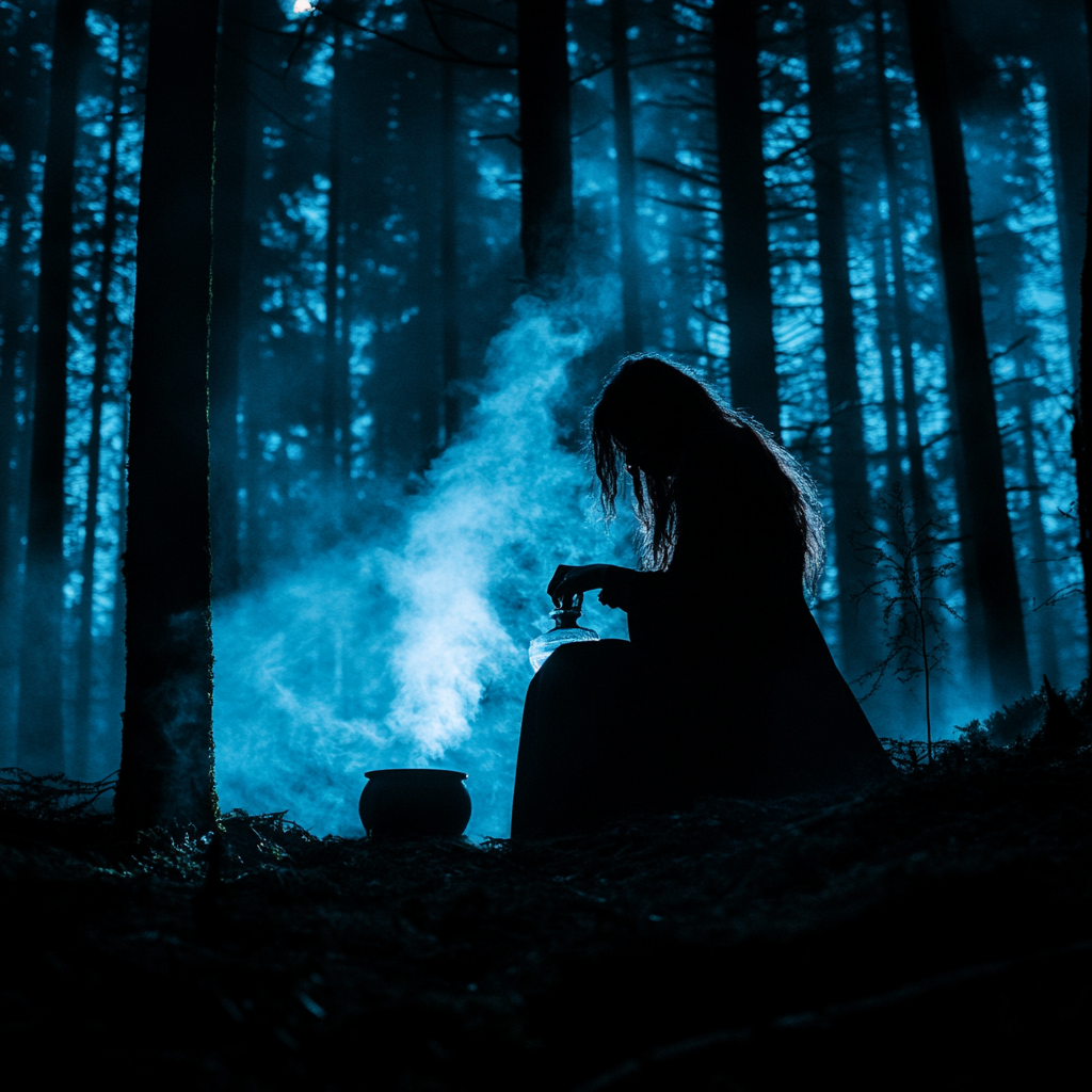 A witch brewing potion in dark forest with mist.