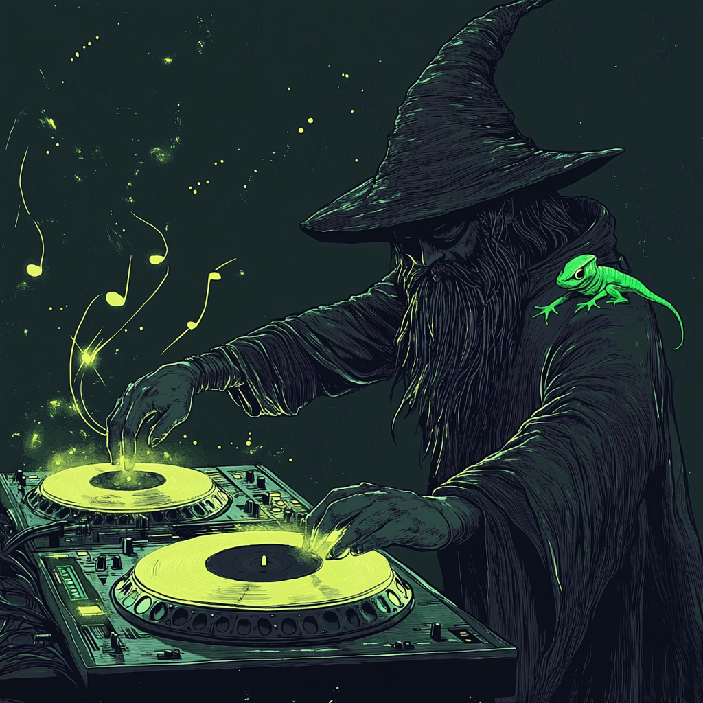 A wizard DJ plays magical music