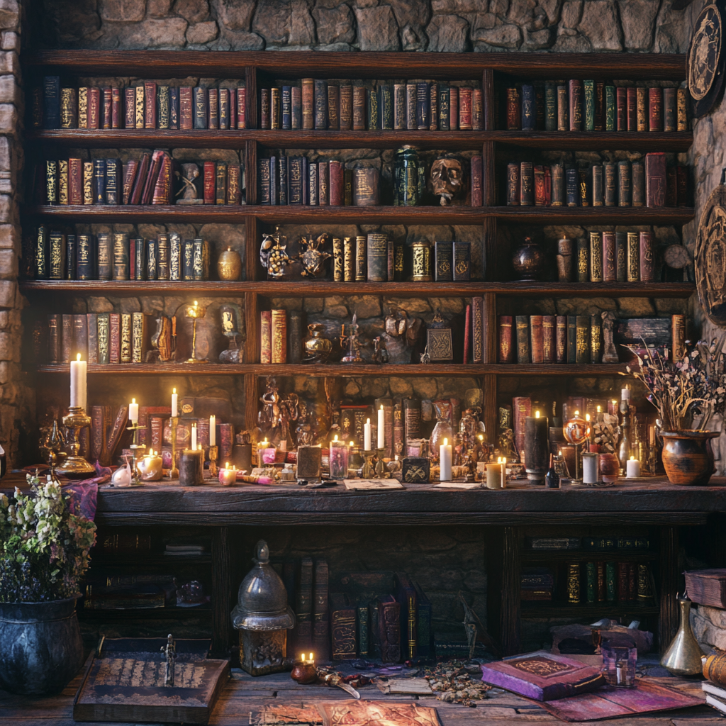 A wizard creating a spell in a magical room.