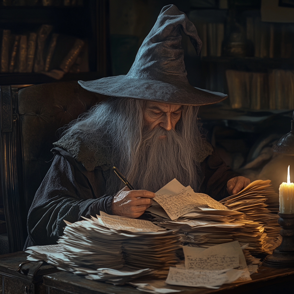 A wizard looking stressed in dusty room