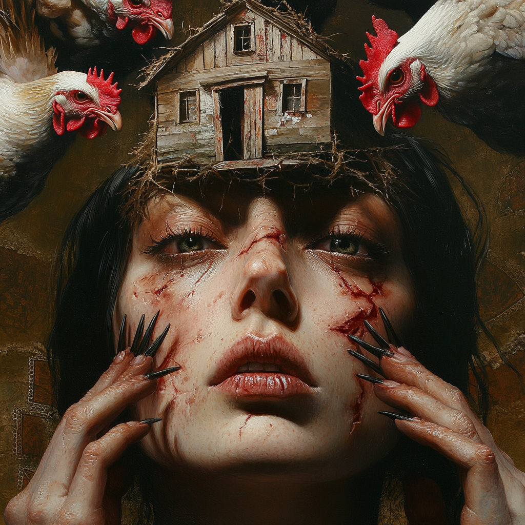 A woman's face with chicken feet house above.