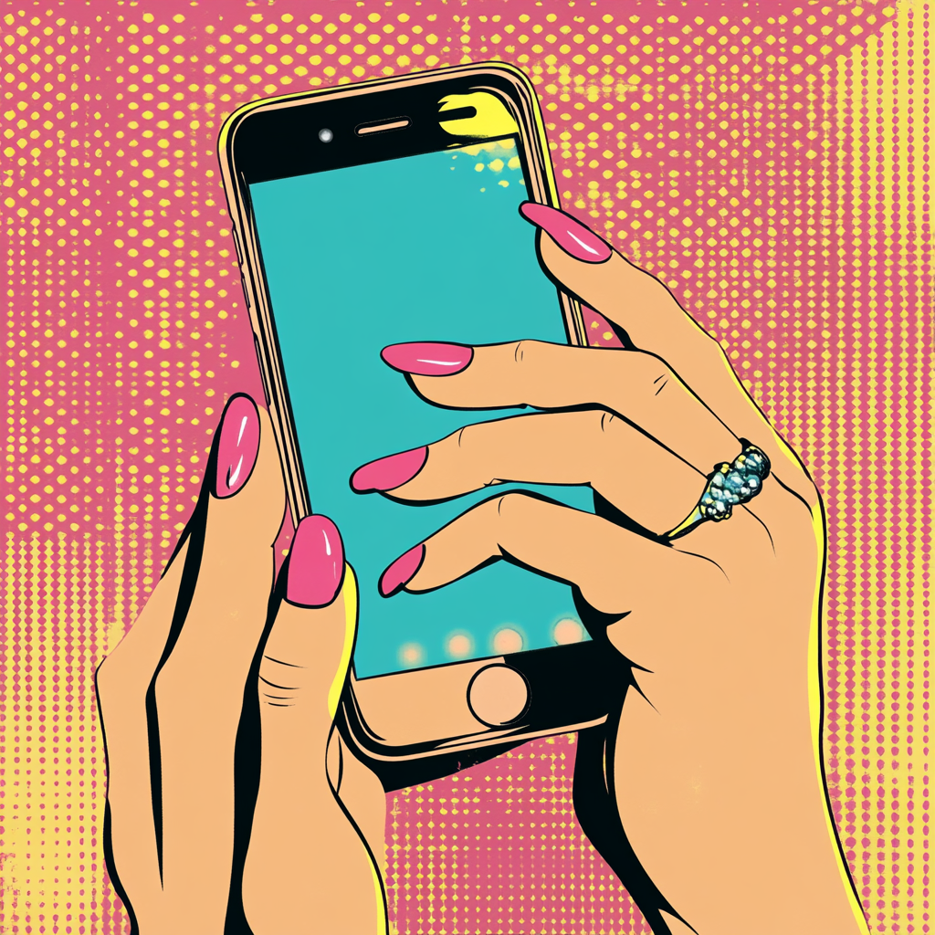 A woman's hand holding a pop art iPhone.