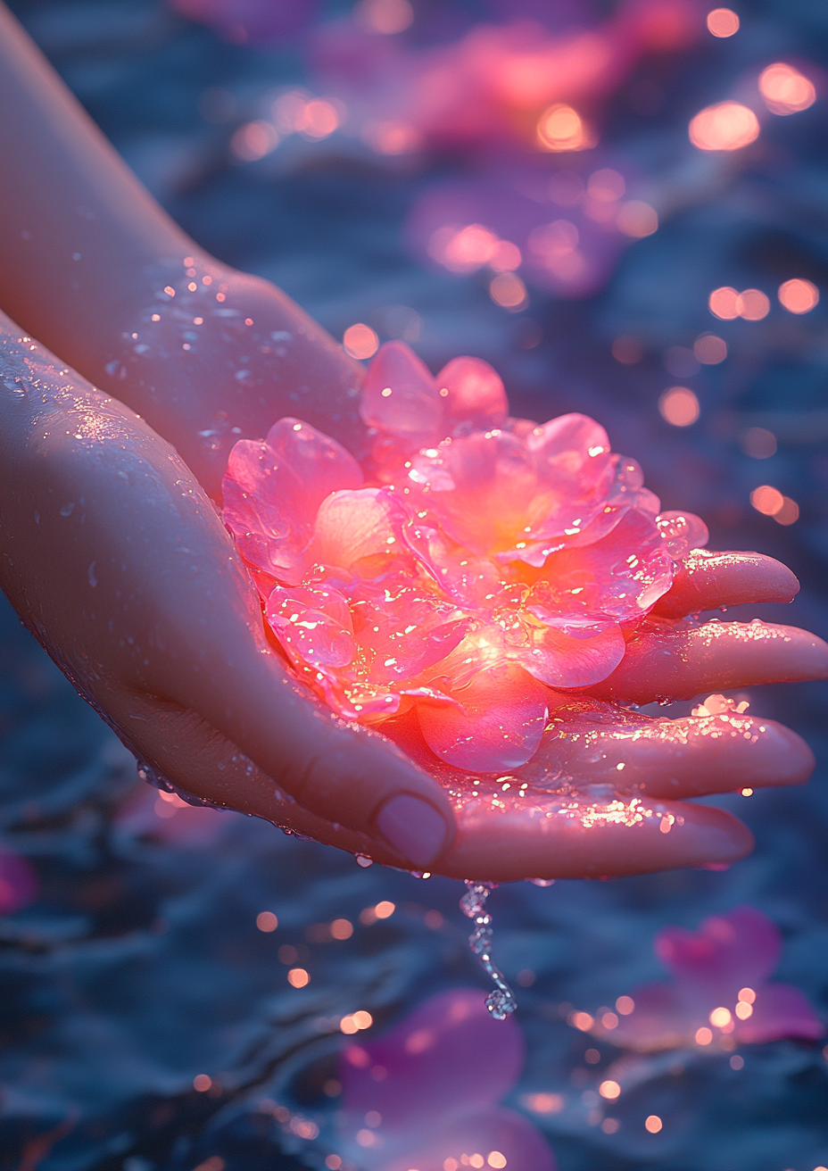 A woman's hand throws rose petals to man.