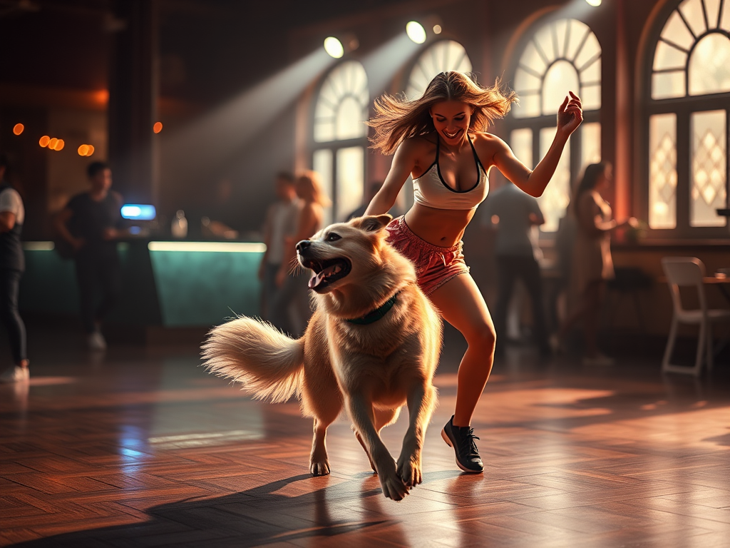 A woman and a dog dancing together gracefully.