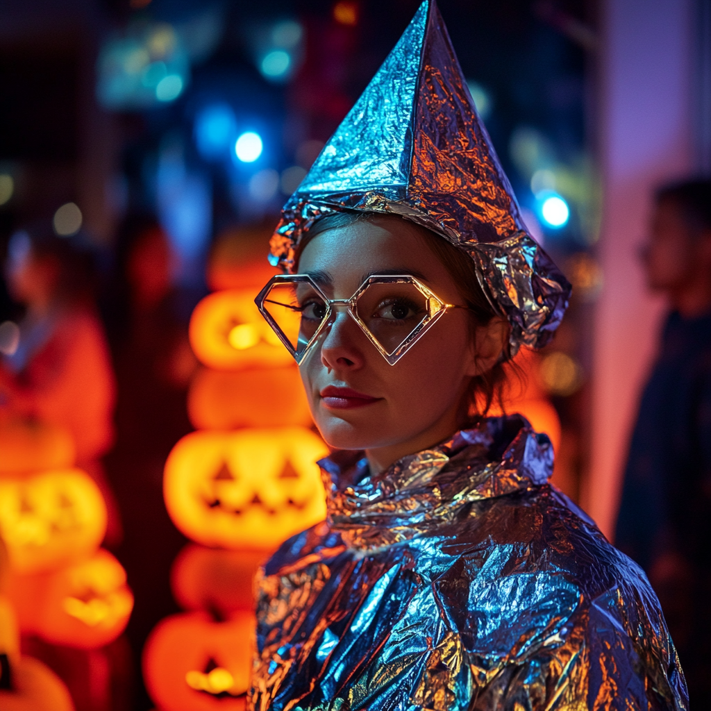 A woman at a Halloween party in space costume