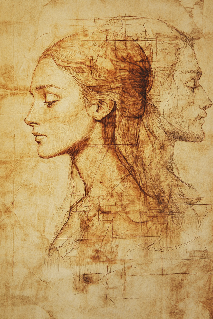 A woman combined with Leonardo da Vinci's sketch.