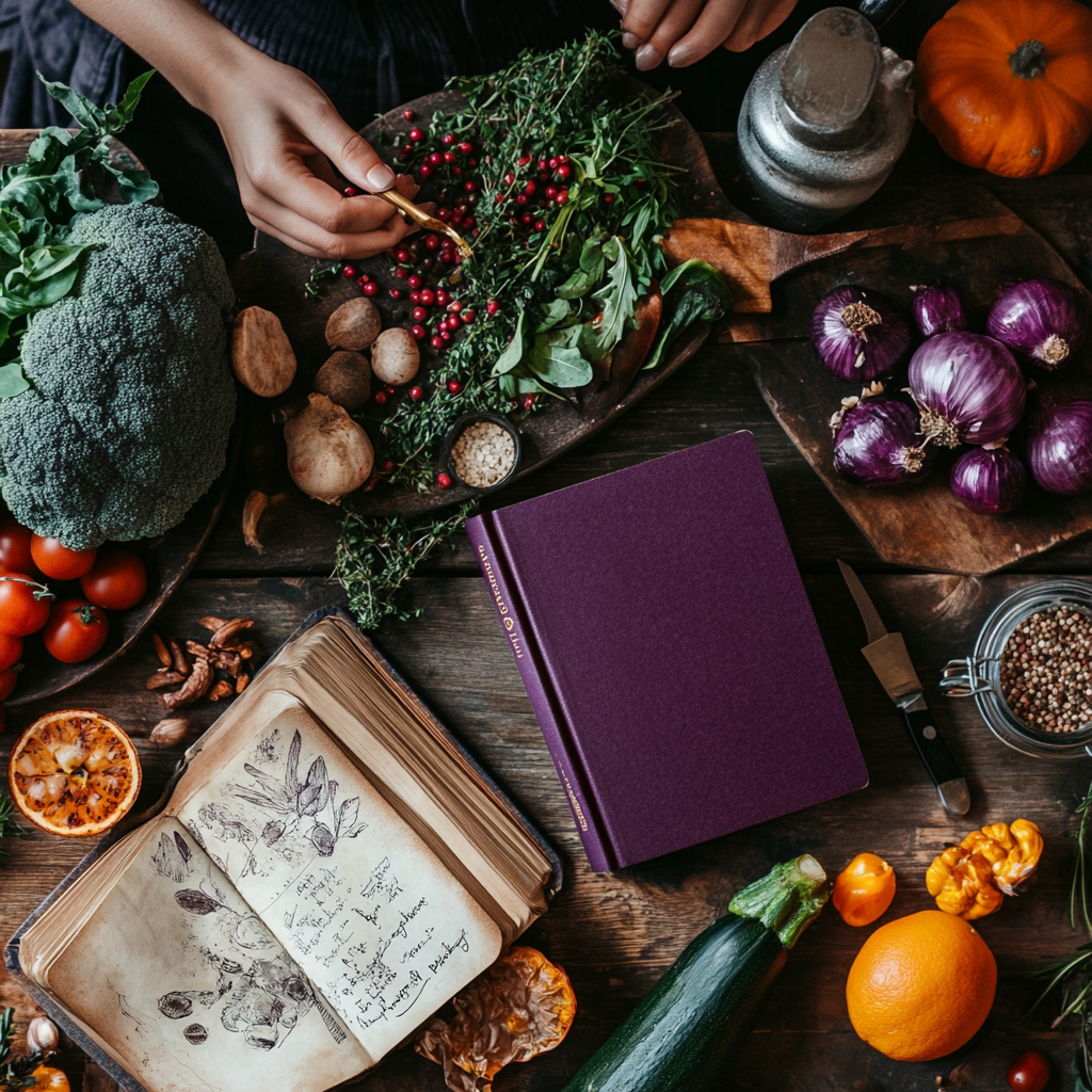 A woman cooking healthy food with a book nearby.