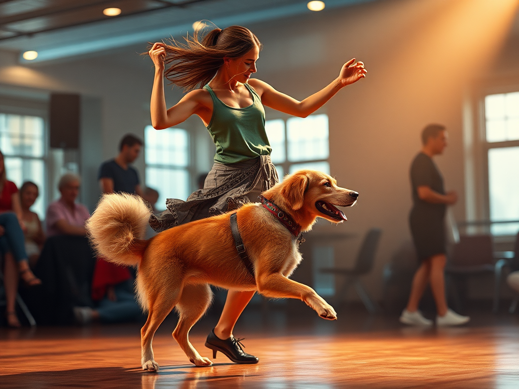 A woman dancing with the dog on photorealistic dancefloor.