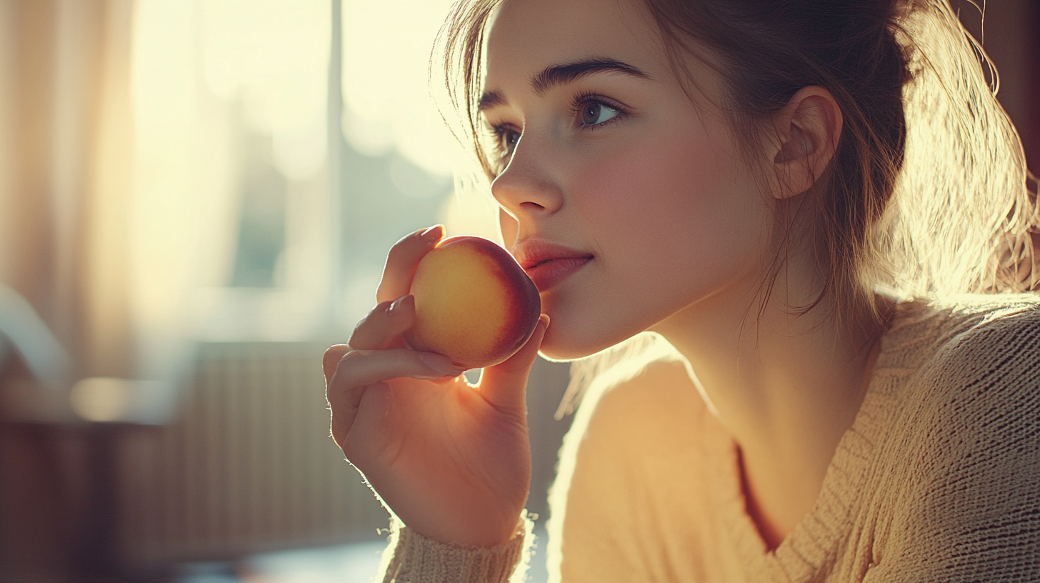 A woman eating a peach with ominous house view