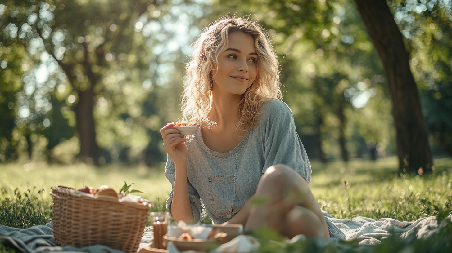 A woman eating dessert on picnic blanket in park.