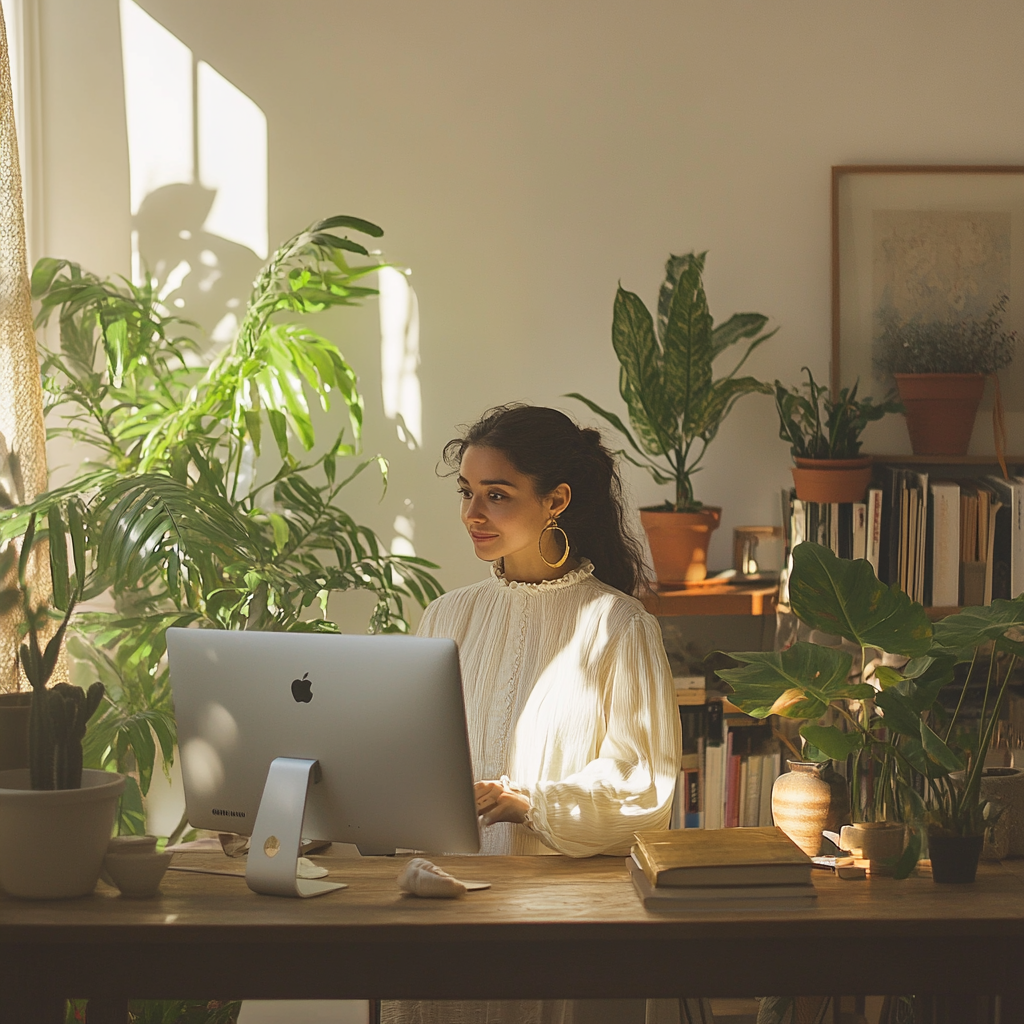 A woman excitedly looking at computer in sunny room