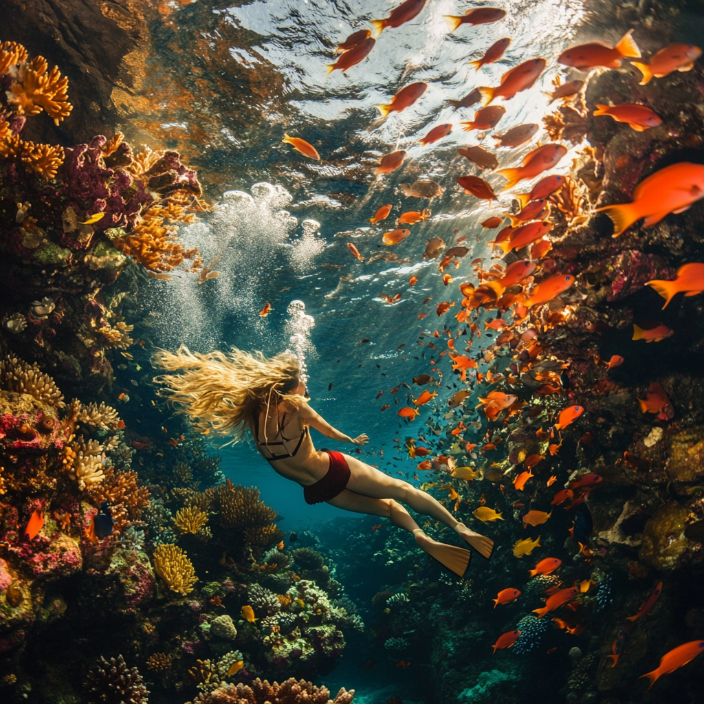 A woman explores coral reef with colorful fish.