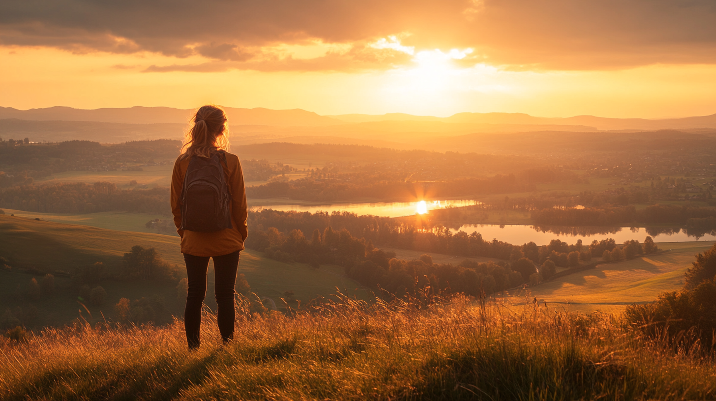 A woman gazes into distance with sunrise in landscape.