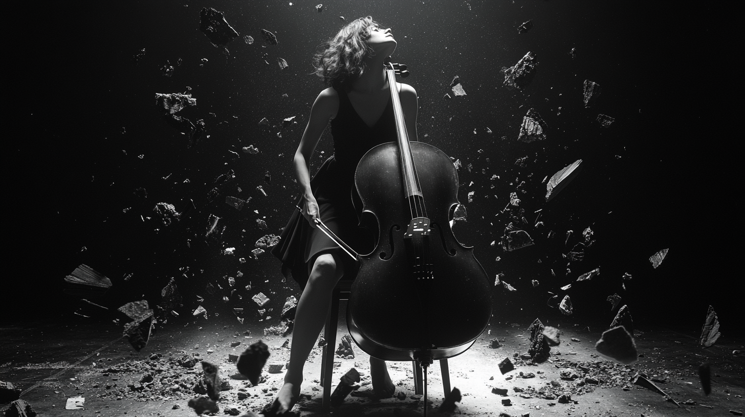 A woman holding a cello in Black and White