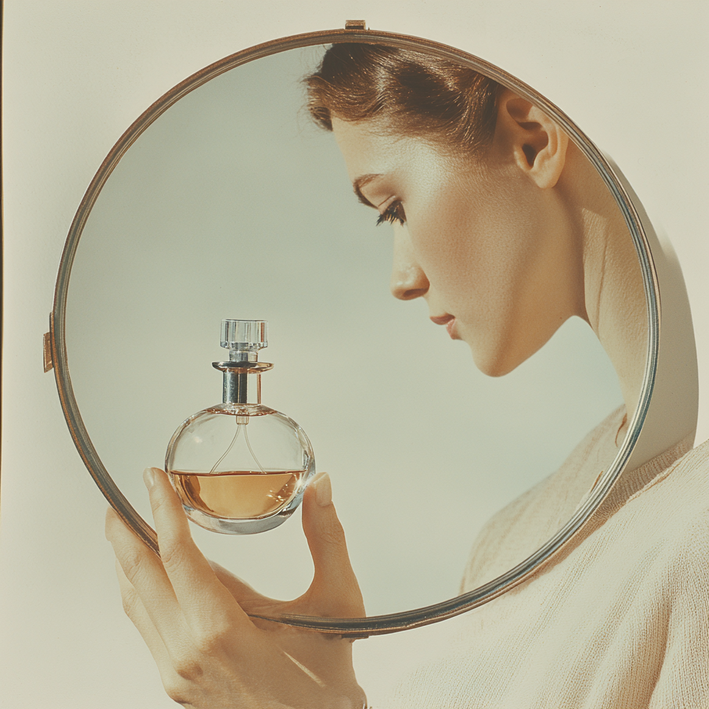 A woman holding a perfume bottle in mirror.