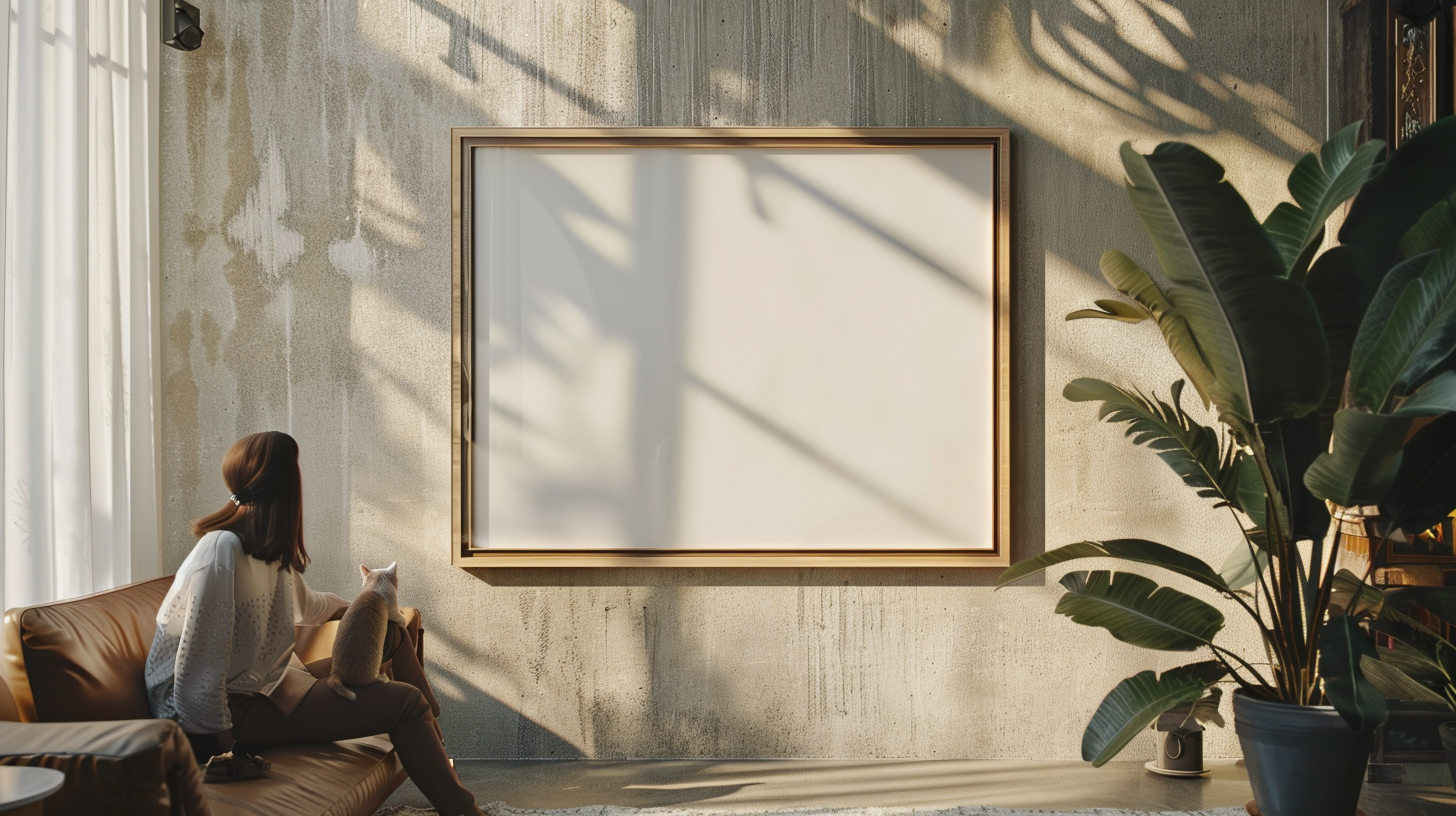 A woman holds a cat by a blank frame.