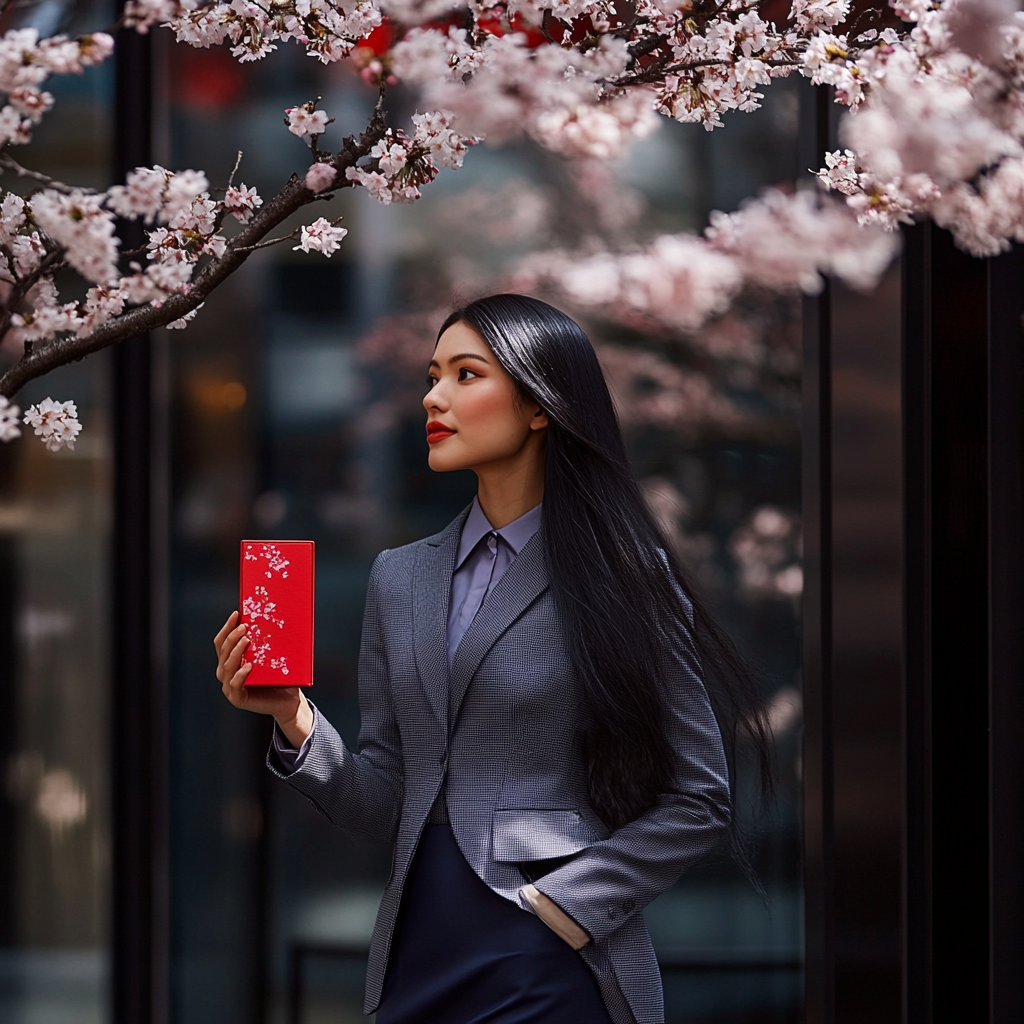 A woman in a business district with cherry blossoms.