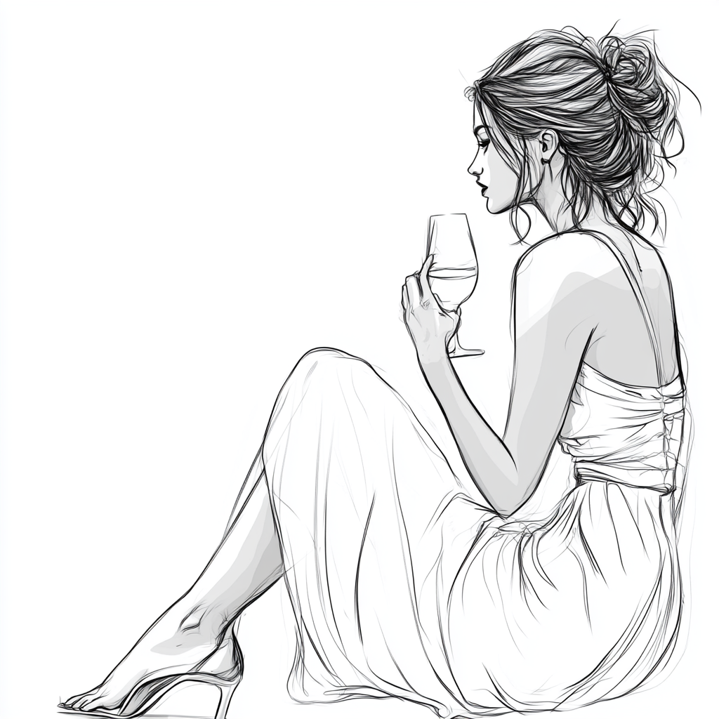 A woman in a dress talking, holding wine.