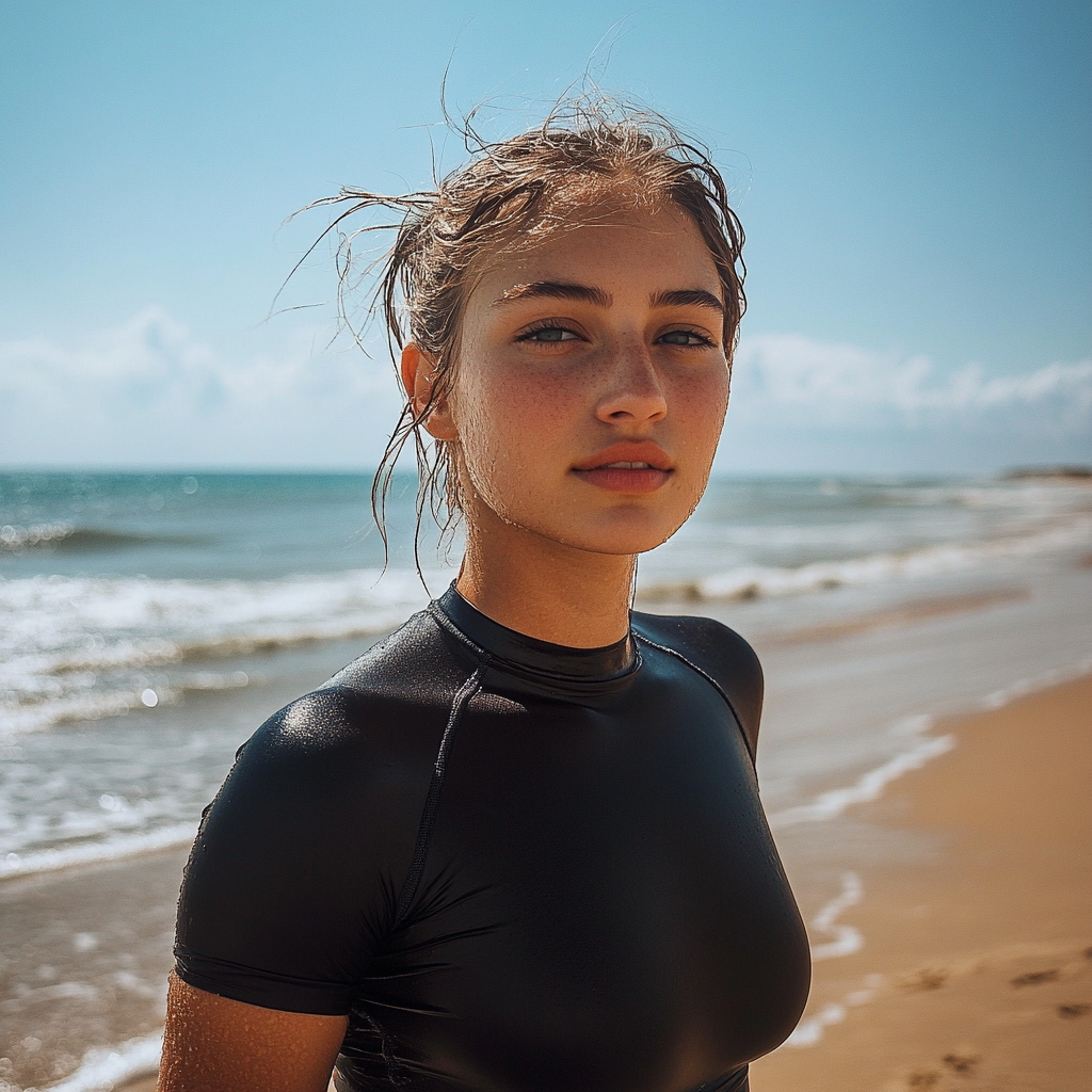 A woman in black shirt on sunny beach