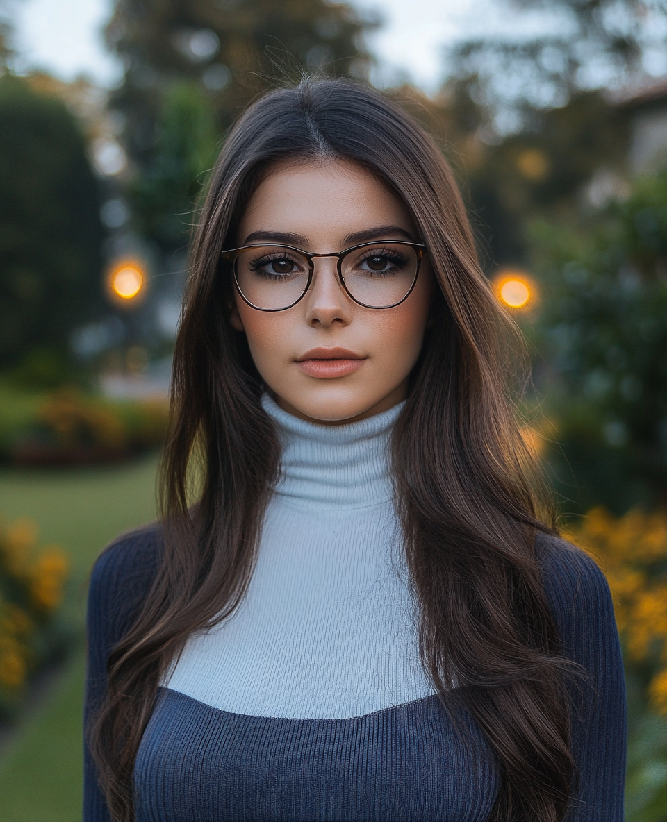 A woman in blue dress with glasses in garden