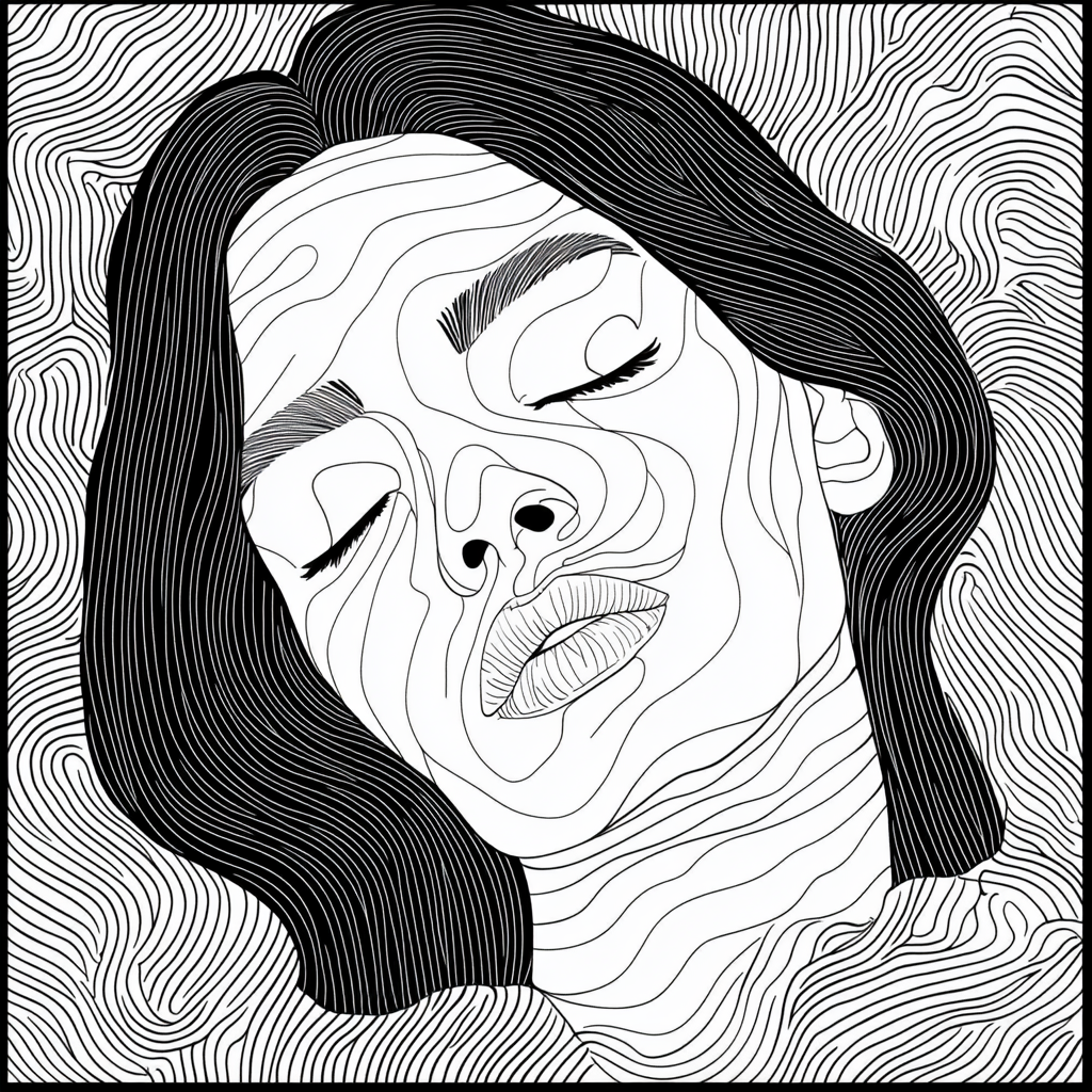 A woman in coloring book style with trippy background