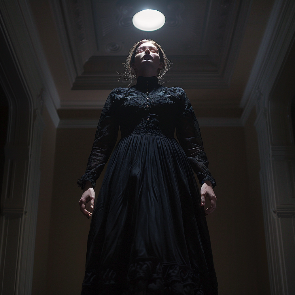 A woman in frontier dress floating in darkness.