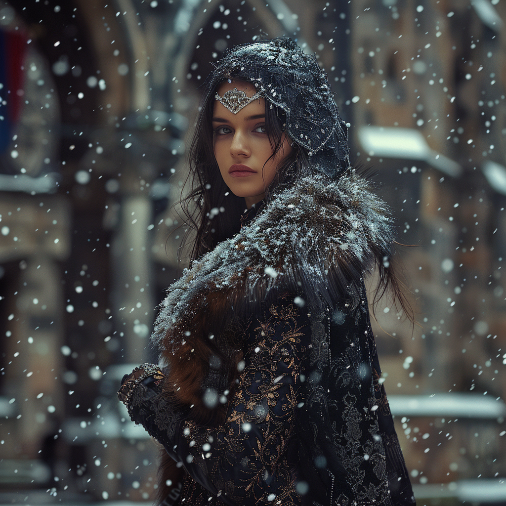 A woman in fur cloak stands in snowy castle