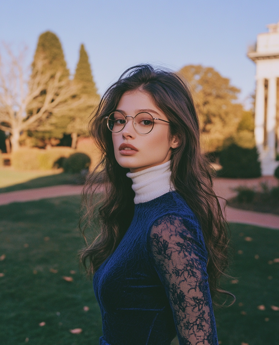 A woman in glasses in a garden at dusk