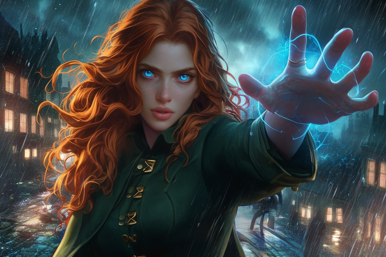 A woman in green coat in storm town art.