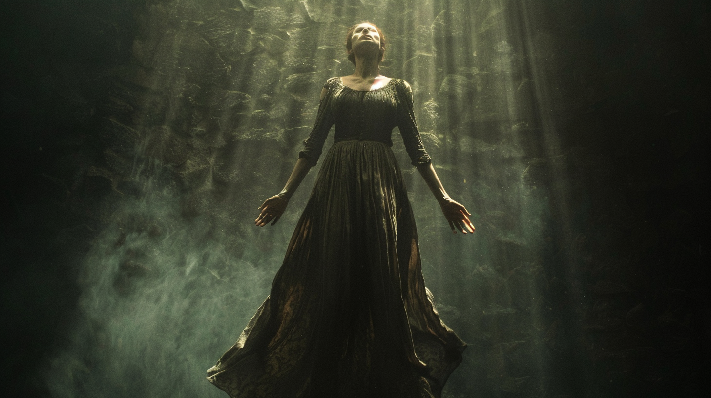 A woman in old dress floating in darkness.