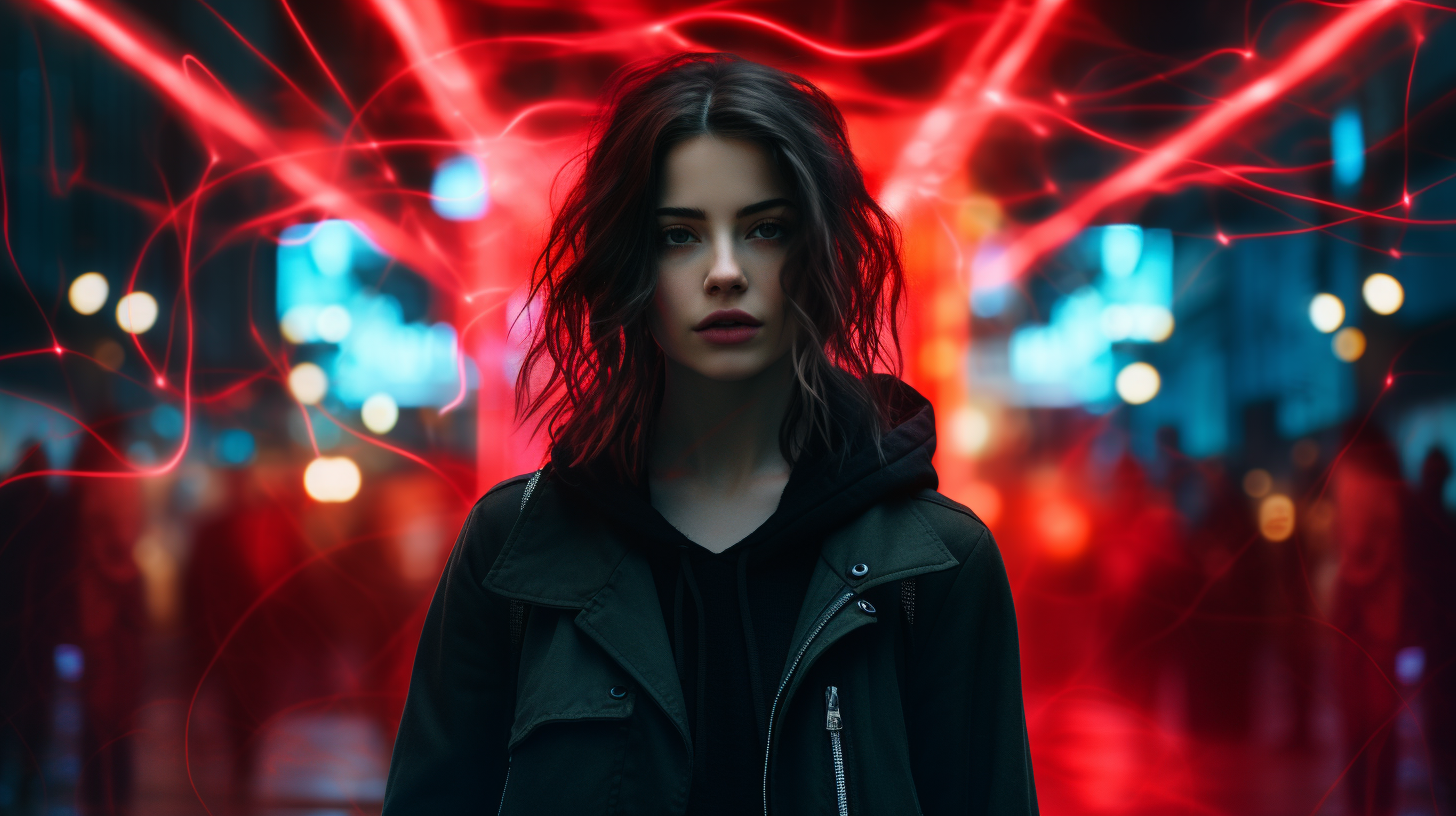 A woman in urban street at night.