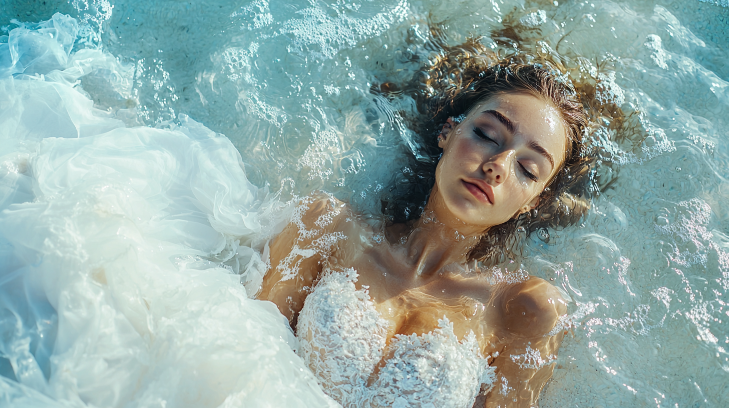 A woman in wedding gown lies underwater beautifully.