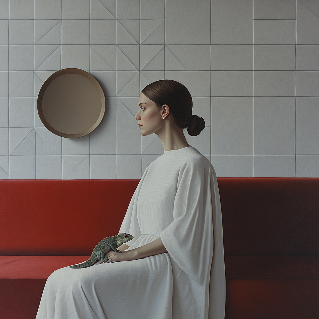 A woman in white dress with lizard on shoulder.