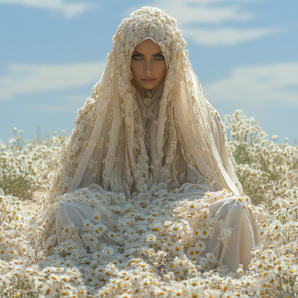 A woman in white flower dress in desert.