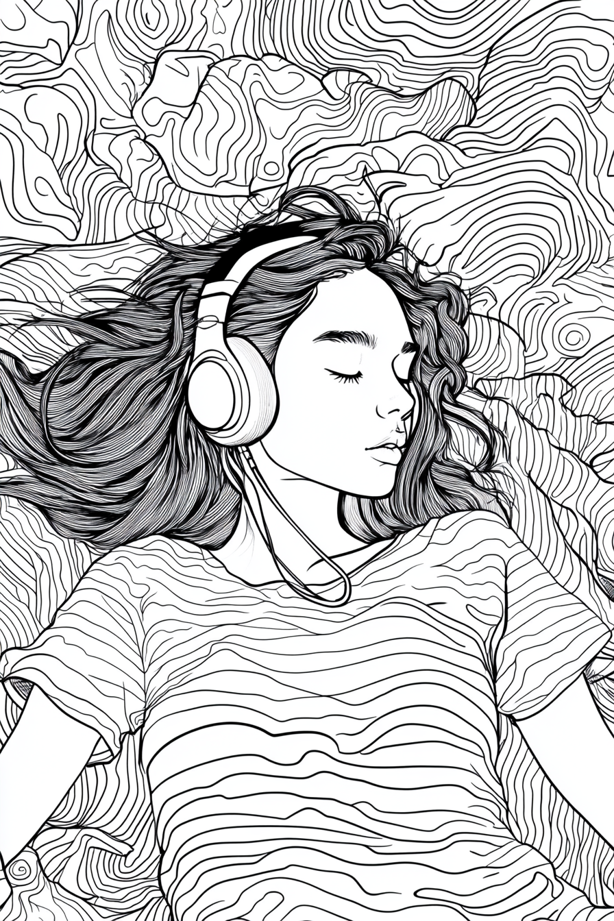 A woman listening to music in bed drawing