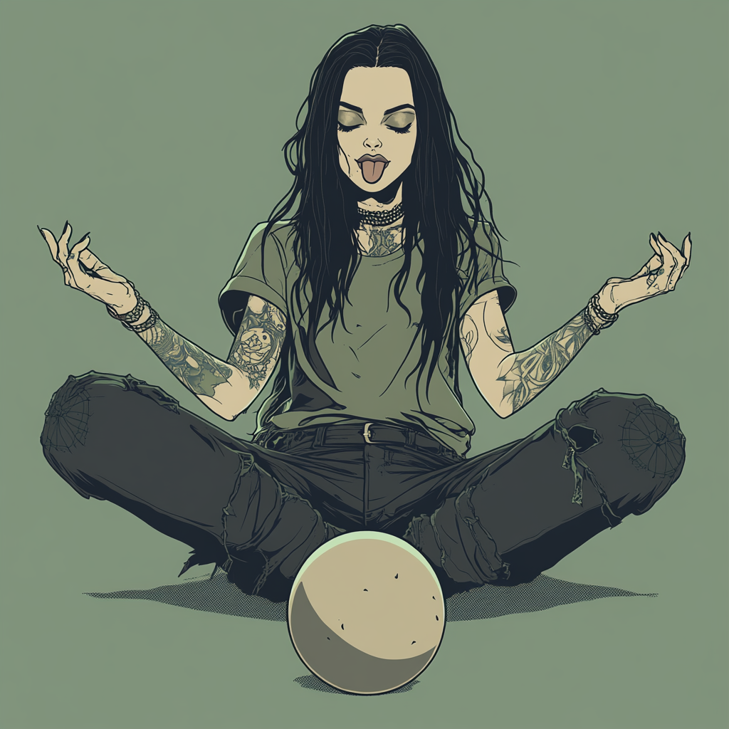 A woman meditating with tattoos sticks out tongue