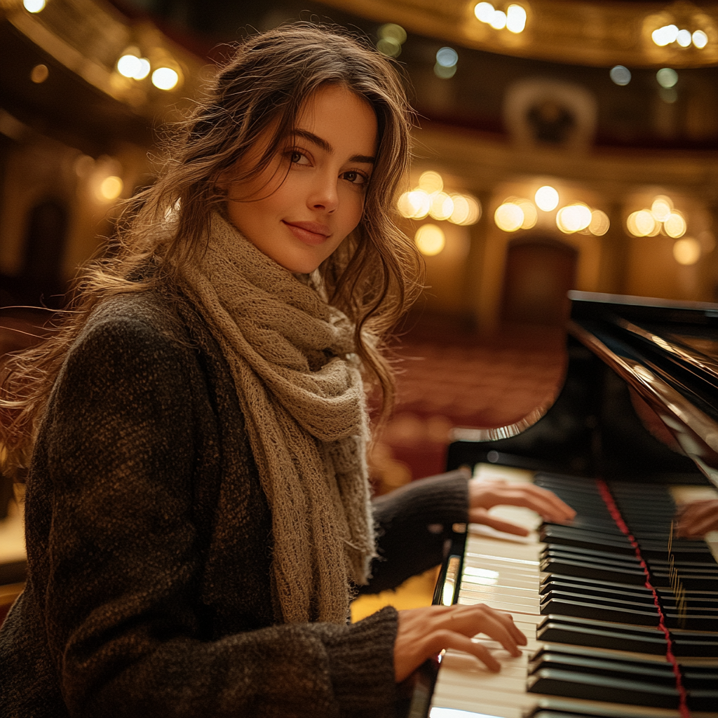 A woman playing piano with detailed natural lighting.